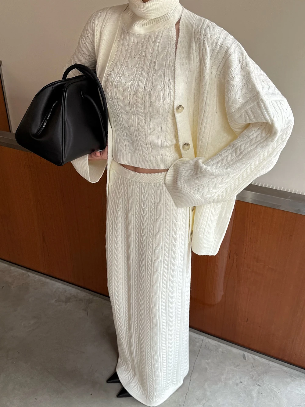 Lazy Wind And Drape Twisted Flower High Neck Sleeveless Vest Loose Cardigan Long Sleeved Three Piece Set Simple Long Skirt view 3