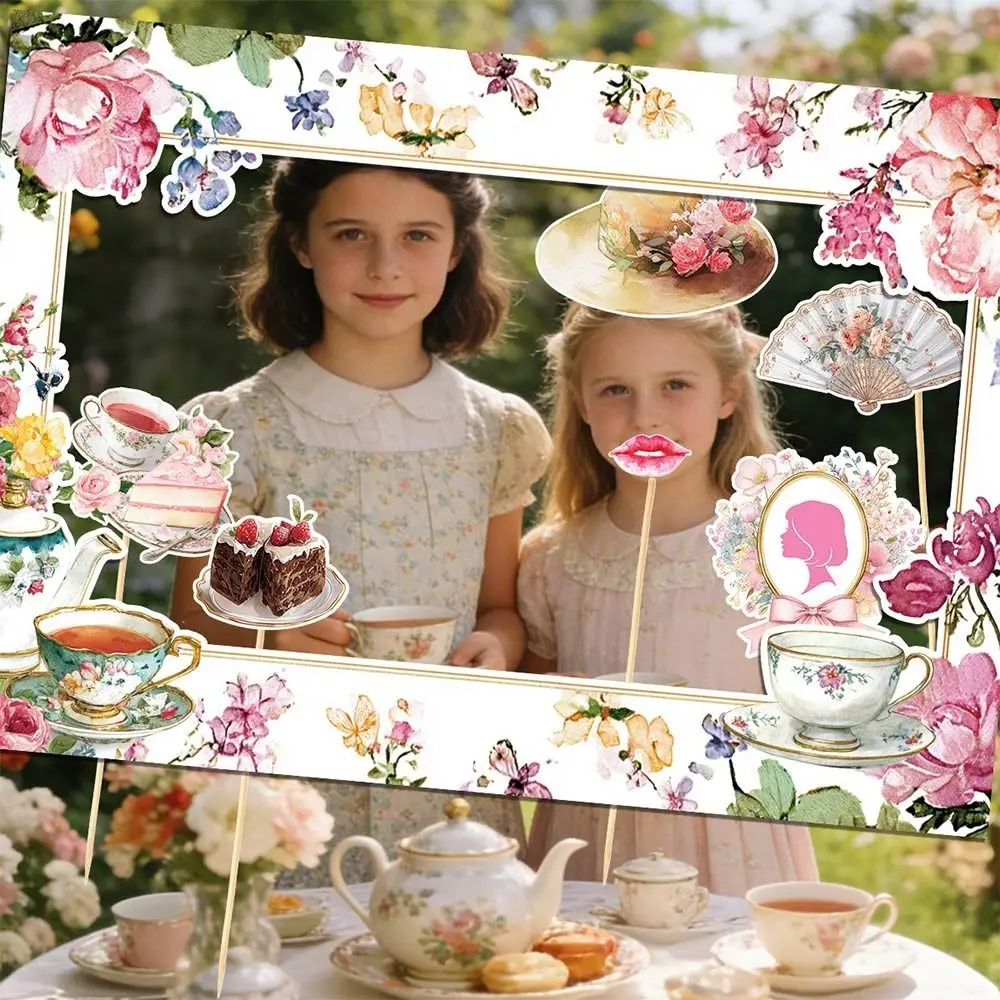 Multicolor Handheld Photo Props Tea Party Paper Picture Frame Flower Pattern Dessert Tee Cup Photo Handheld Props
