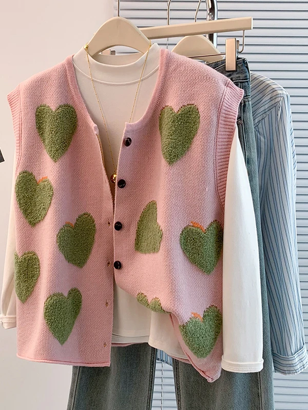 

Открытый кардиган с розовым сердечком и вышивкой, женский жилет больших размеров для похудения, осенняя верхняя одежда 2025 года, универсальный свитер