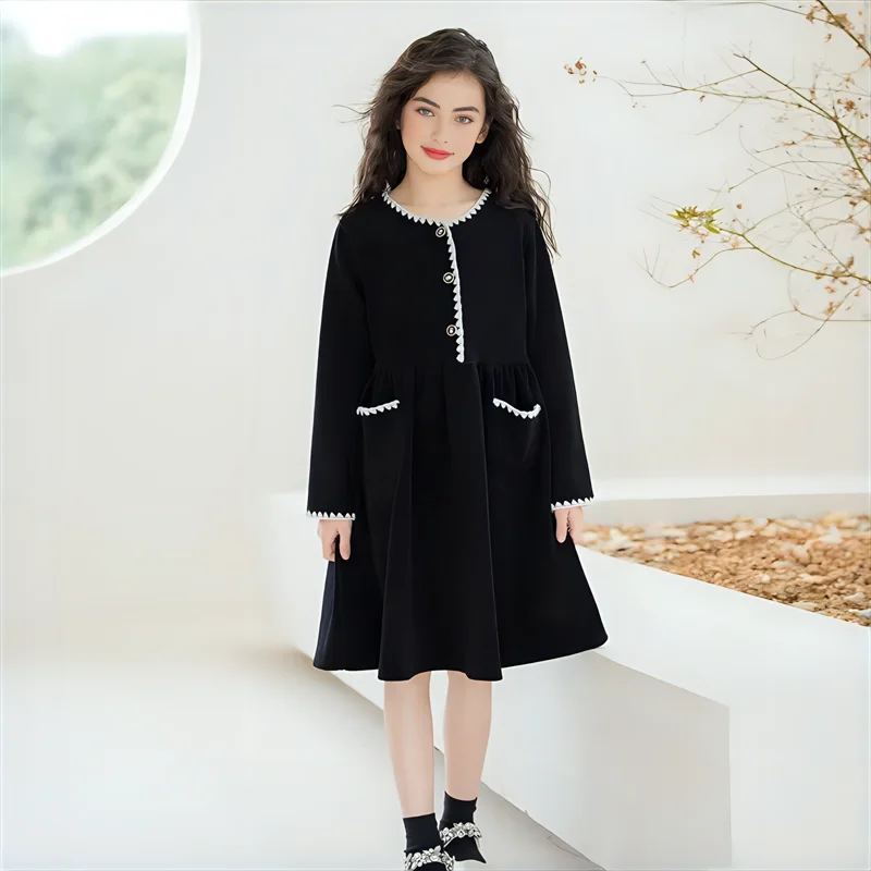 

Girls Dress Autumn 2024 Black Fashion Chenille Children Princess Dress Casual Long Sleeve Teen School Kids Clothes 10 12 13 Year