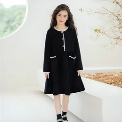 Le ragazze vestono l'autunno 2024 nero moda ciniglia bambini vestito da principessa Casual manica lunga scuola per adolescenti vestiti per bambini 10 12 13 anni