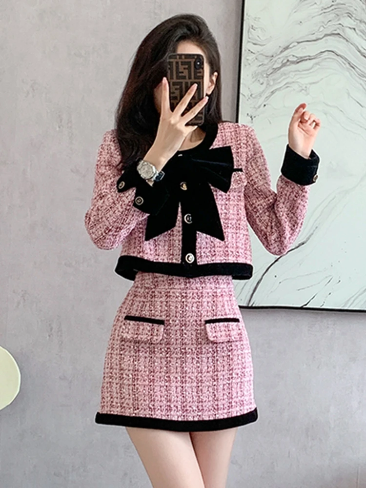 2024 autumn winter Small Fragrance Tweed Two Piece Set Women Short Jacket Coat + Skirt Suits Korean 2 Piece Sets Women Outfit