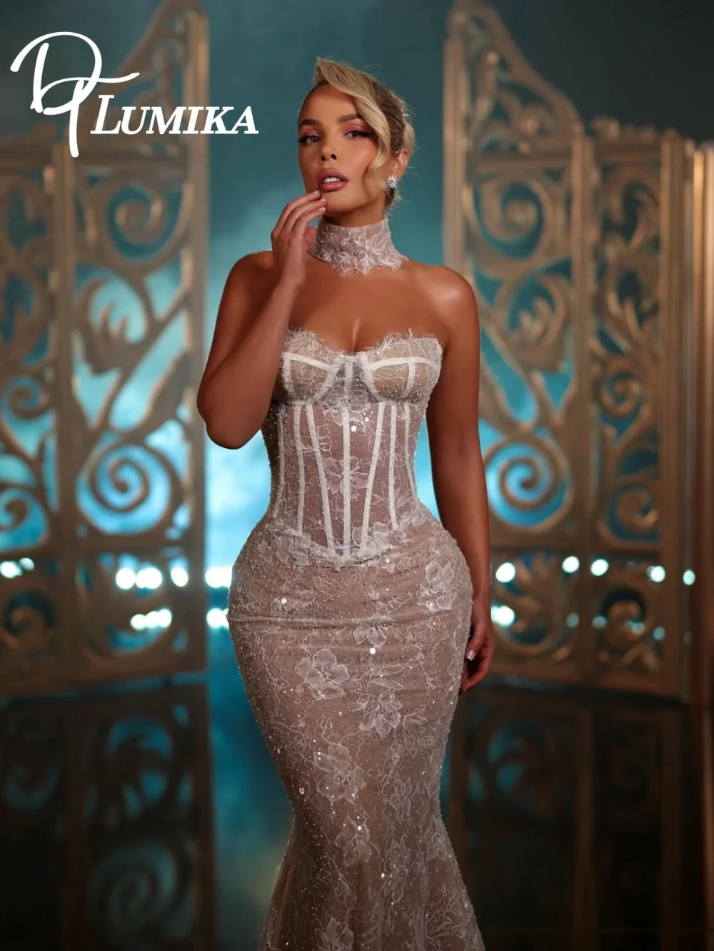 

Vintage Strapless Corset Lace Mermaid Wedding Dress Intricate Sequin Bridal Dress Dainty Choker Bridal Gown Vestidos De Novia