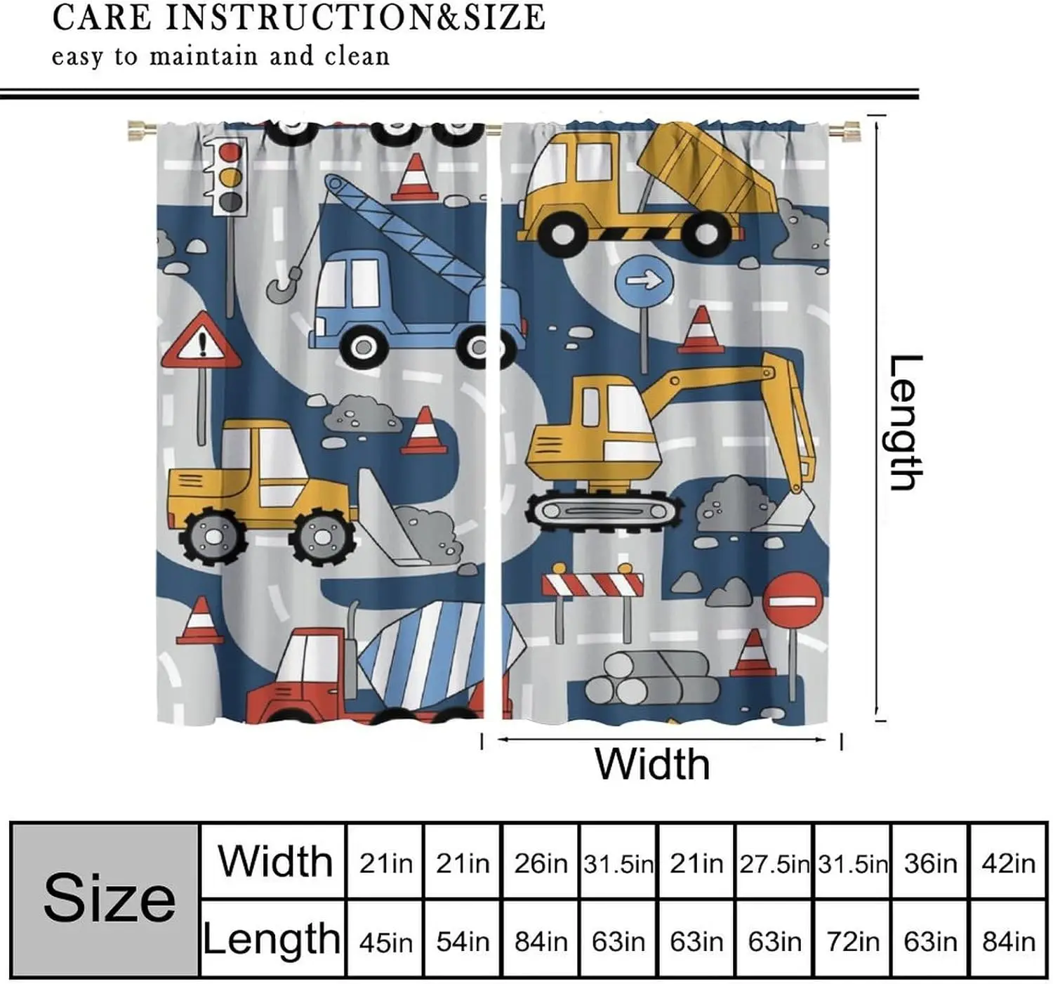 Cartoon Truck Curtains, Navy Blue Yellow Excavator  Print  Drapes, Engineering Vehicle Theme Home Decor for Kids Boys  Room