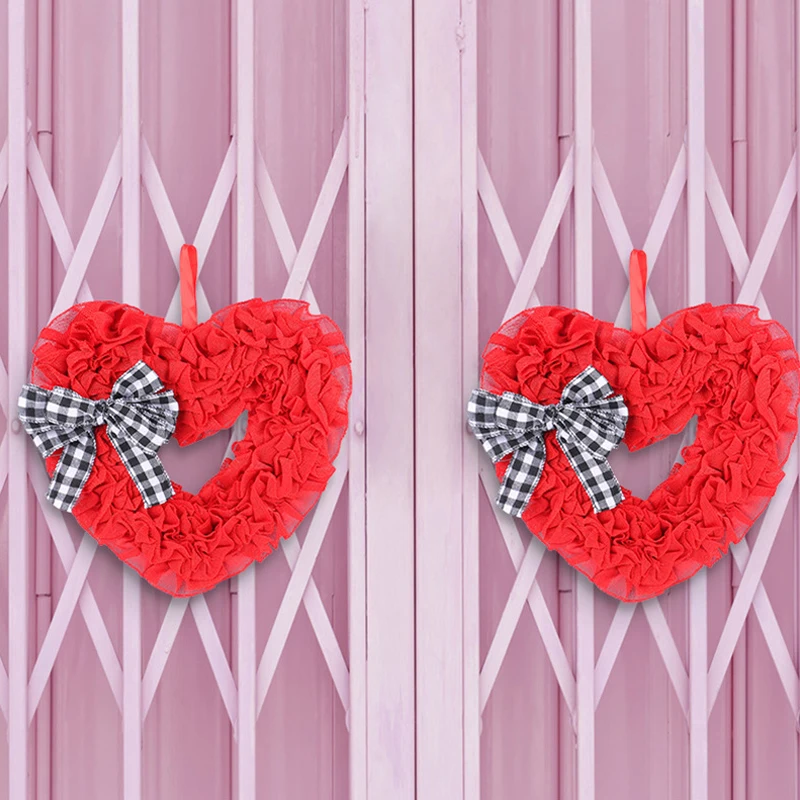 Valentine S Day Bow Wreath Sztuczny czerwony wieniec w kształcie serca z wiszącą liną na okno drzwi wejściowych