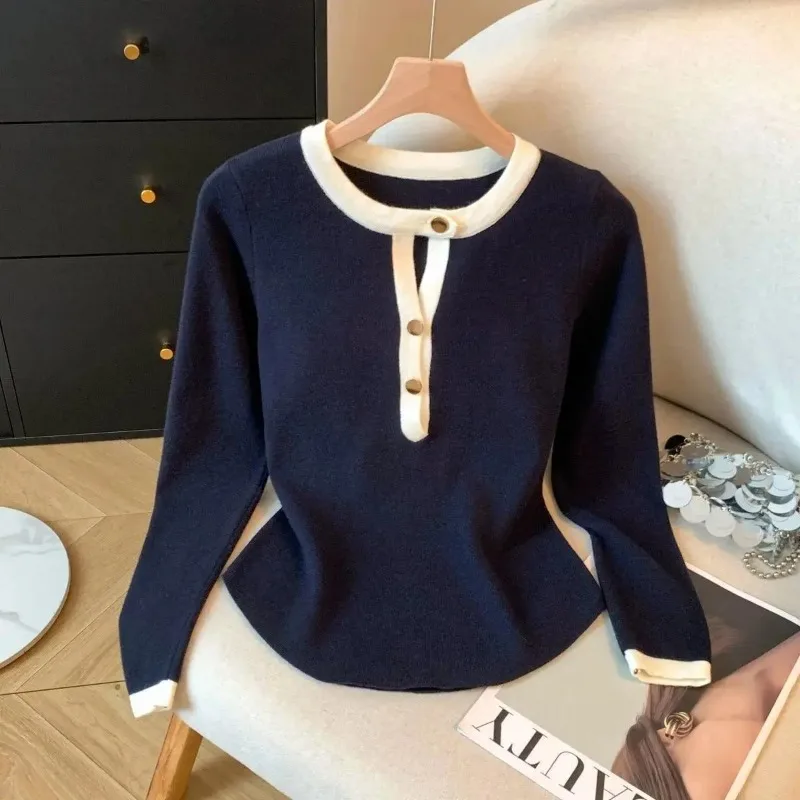 سترة زرقاء متباينة الألوان ذات ياقة نصف مفتوحة وأكمام طويلة للنساء في الخريف، قميص قاعدة متعدد الاستخدامات جديد #2