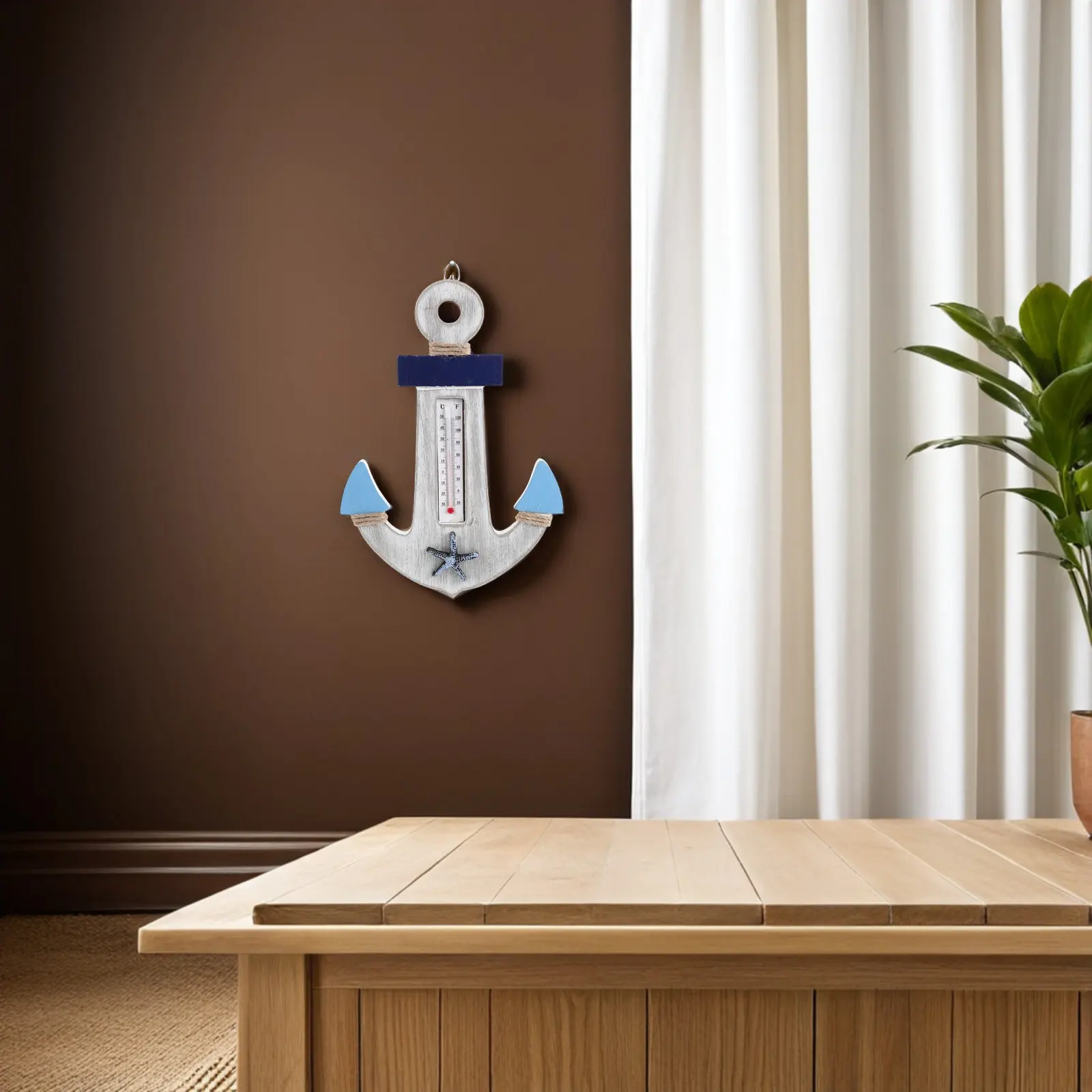 

Solid Wood Nautical Wall Thermometer Decorative Room Temperature Gauge Indoor Outdoor Use Hanging Thermometer for Home Office