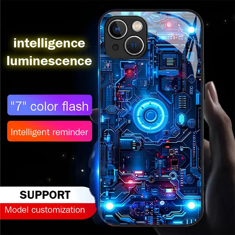 

Luxury Blue Chip Pattern Luminous Tempered Glass Phone Case LED Backlight Cover For Samsung S25 S24 S23 S22 S21 FE Plus Ultra