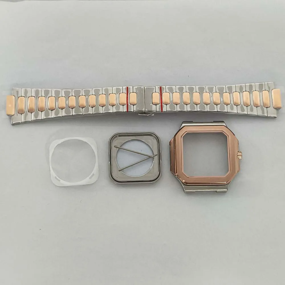 Full Set 42MM Square Rose Watch Case Sapphire Glass Transparent Bottom+Bracelet+Spring Bar+Incert Ring for NH35/NH36/4R Movement