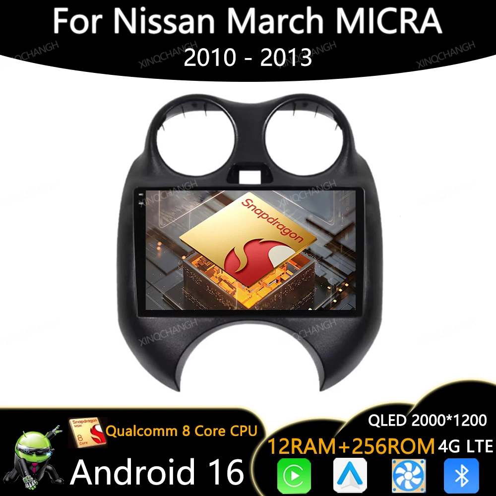 Android 16 Car Radio For Nissan March MICRA 2010 - 2013 Head Unit Multimedia Video Player 4G WIFI BT QLED GPS Carplay Auto 2DIN