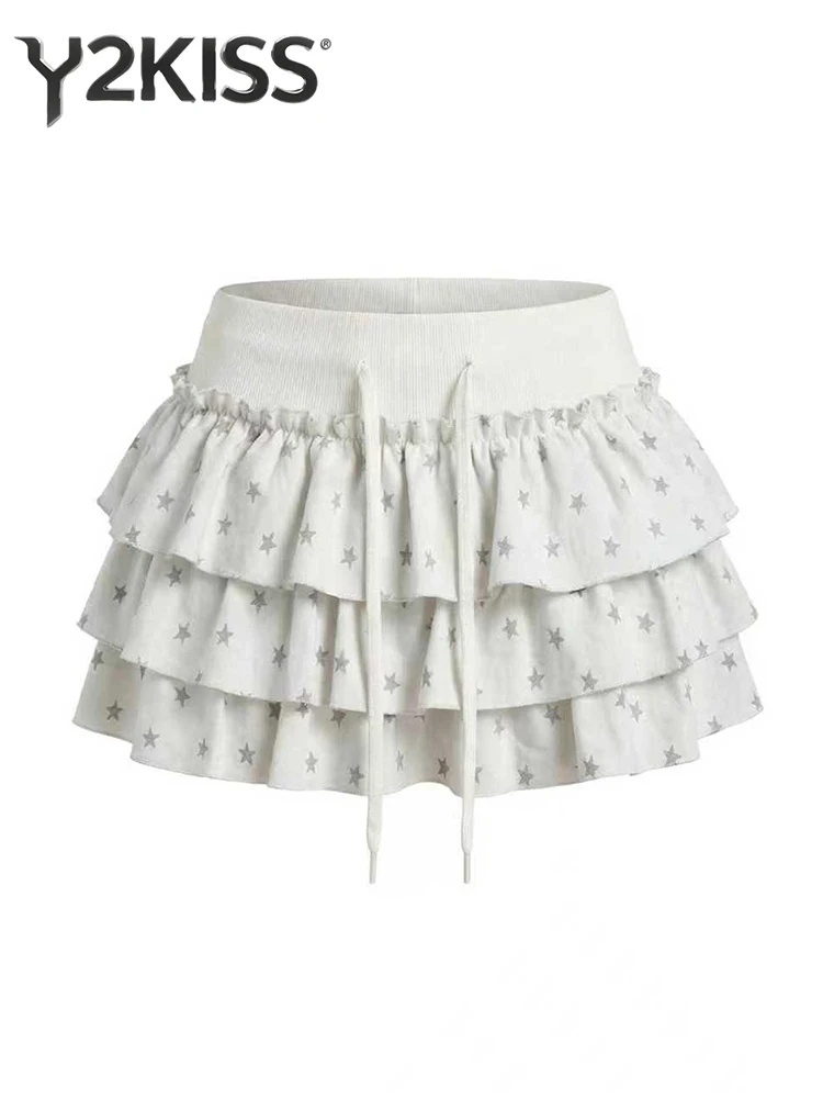 Summer Women Mini Ruffle Skirts Cutecore College Style American Retro Y2k Harajuku 2000s Korean Tide E-girl Gyaru Kpop Coquette