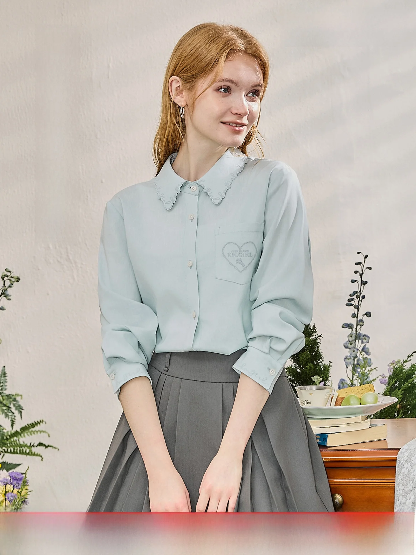 

Mint Green Long Sleeve Women's Shirt Draping Feel KUHNMARVIN Commute Style Korean Version Straight Cut Button Detail