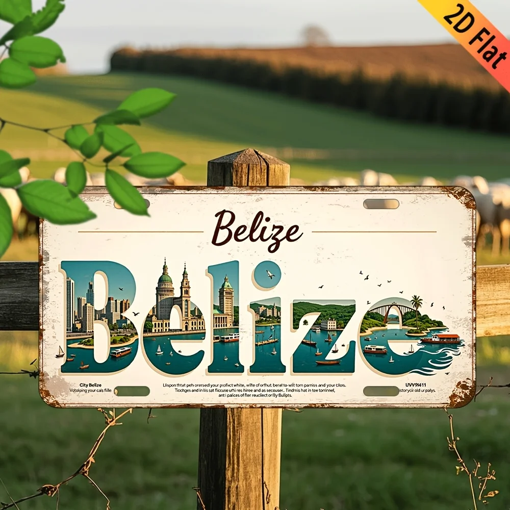 2D Flat - Vintage Belize Aluminum Wall Sign -  Rustic Decorative Plaque for Home, Cafe,Bar - Indoor/Outdoor Aluminum Hanging Art