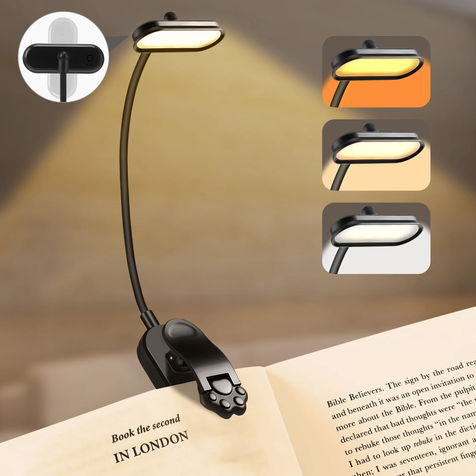 

LED Book Light USB Rechargeable Reading Light 3-Level Warm Cool White Daylight Portable Flexible Easy Clip Night Reading Lamp