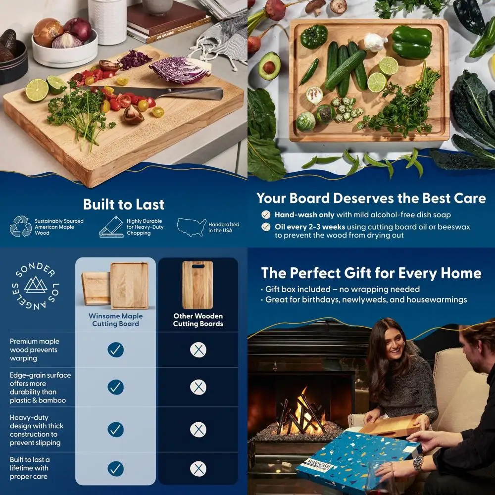 

USA Crafted Large Maple Chopping Board with Juice Channel & Serving Area, 17x13x1.5 - Gift Boxed