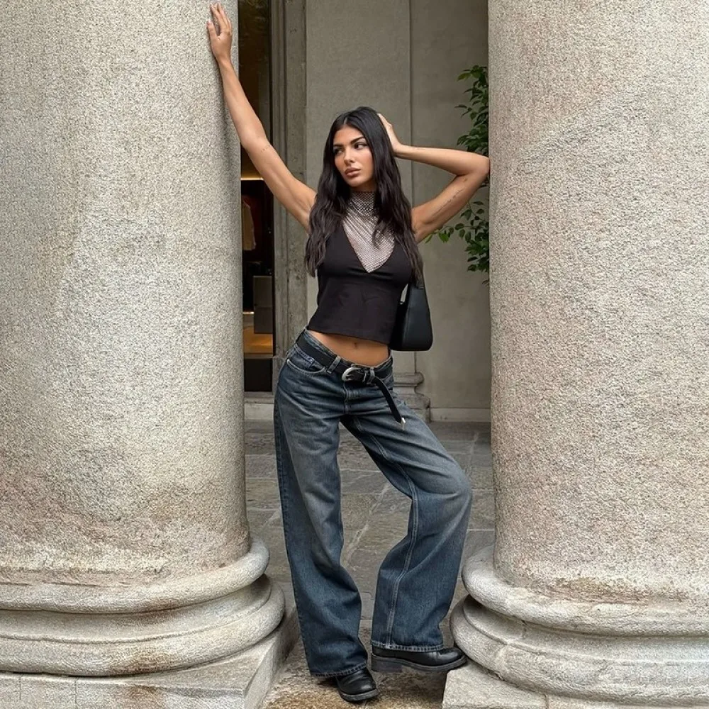 

SylCue Sexy Fashion Tank Tops Woman o-Neck Mesh Patchwork Navel Exposed Skinny Stretch Hot Girls Street Wild Style Classic Tops