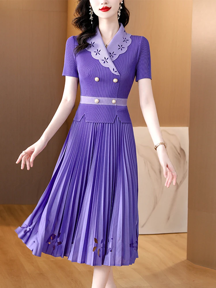 

Summer Purple Midi Pleated Dresses for Women 2023 Elegant Turn Down Collar High Stretch Casual Vestidos Black Party Robes