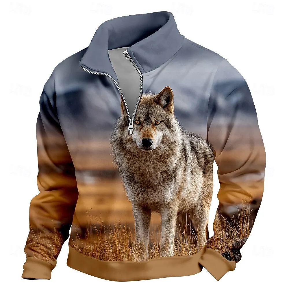 

Fashion Stand Collar Men's Tops Funny 3D Animal Print Half Zip Long Sleeve Sweatshirts Autumn Casual Loose Pullover Men Clothing