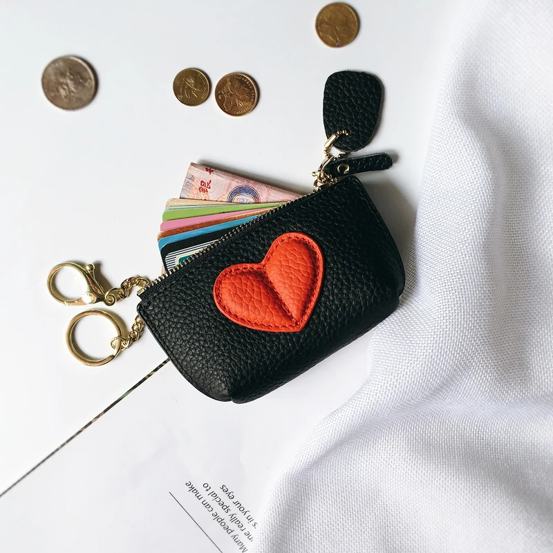 Genuine Leather Heart Coin Purse Women Key Holder Ladies Cute Heart Patch Small Pouch Key Holder Leather Wallet Coin Purses