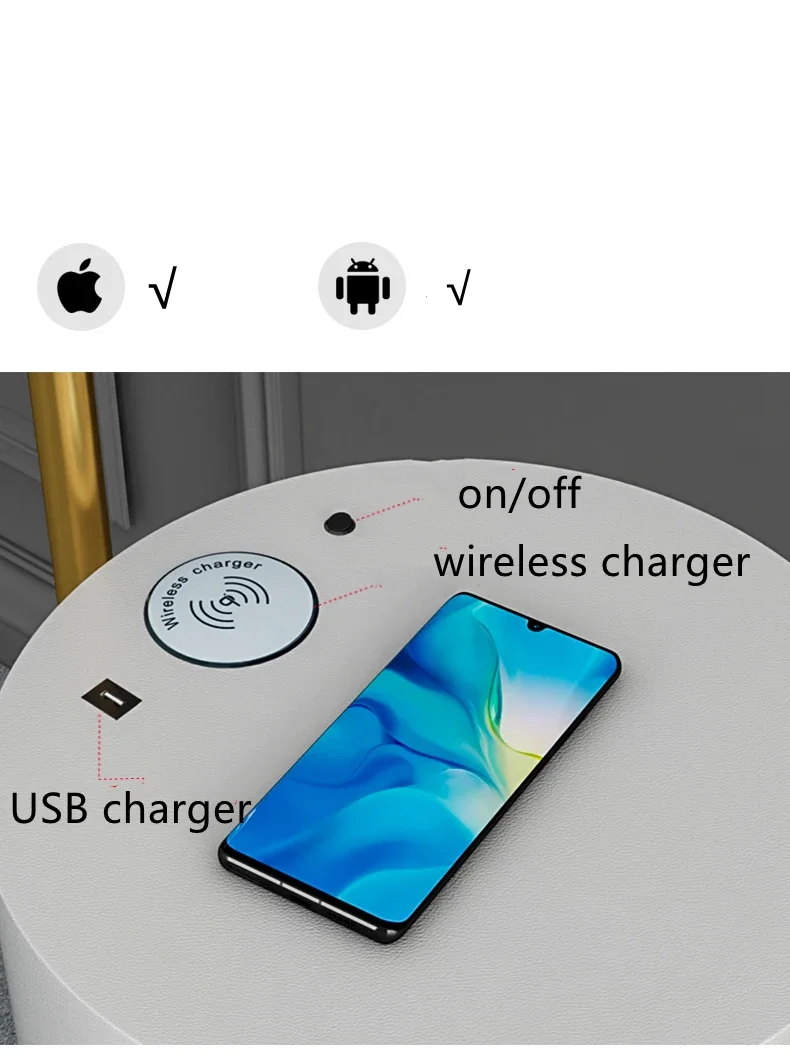 2023 New Modern Modern LED Wireless USB Charger Gold Black Metal Floor Lamp with Drawer  Living Room Beside Floor Lamp