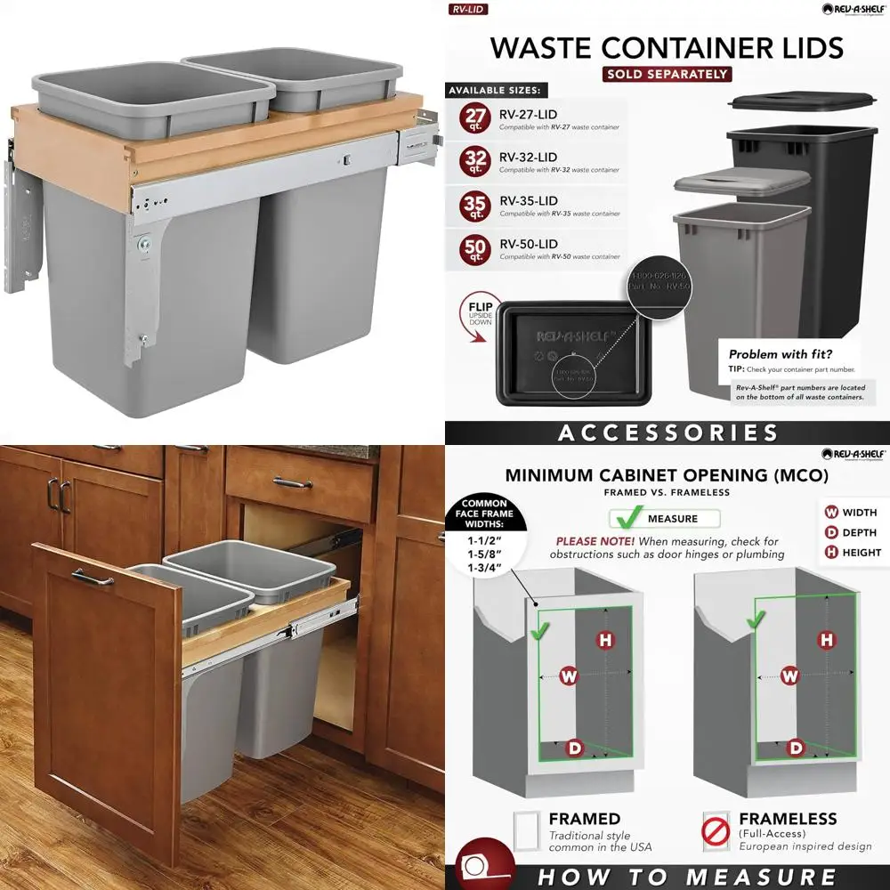 

Double Pullout Under Cabinet Trash Cans with Soft Close, 150 Pound Capacity, Full-Extension Slides, 27 Quart Kitchen Waste Bins