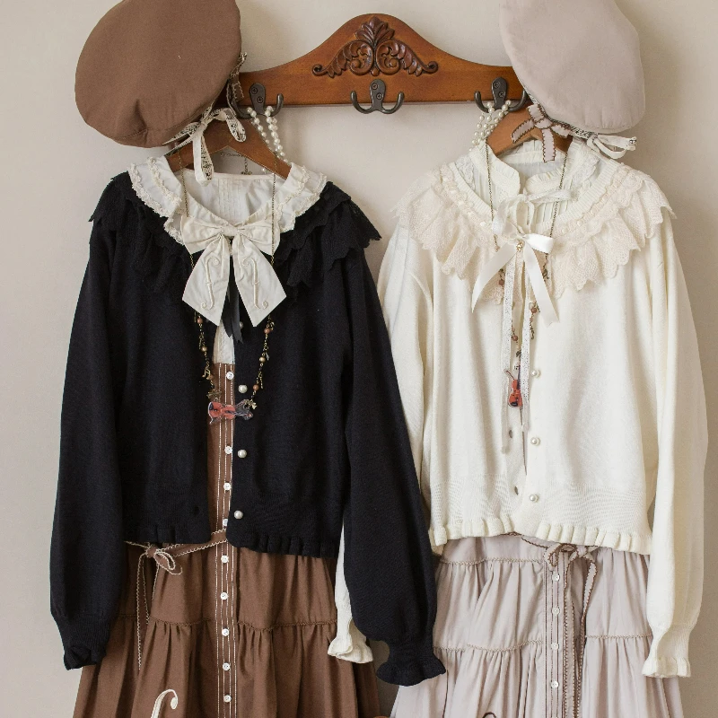 

Japanese Sweet Lolita Style Knited Cardigan Women Vintage Elegance Ruffles Lace Patchwork O Neck Bow Sweater Coat Kawaii CuteTop