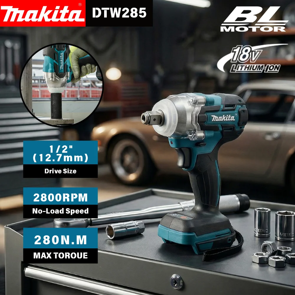 Makita DTW285 18V Cordless Brushless Impact Wrench 280Nm 1/2 Inch 3 Speed with LED Light and Electric Brake for Workshop