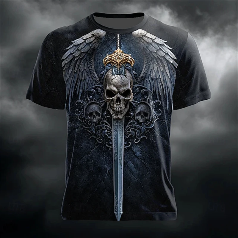 Men's Stylish Crew-Neck Short-Sleeve Halloween T-Shirt Skull Rider Print Loose Breathable Street-Style Top for Holiday Parties