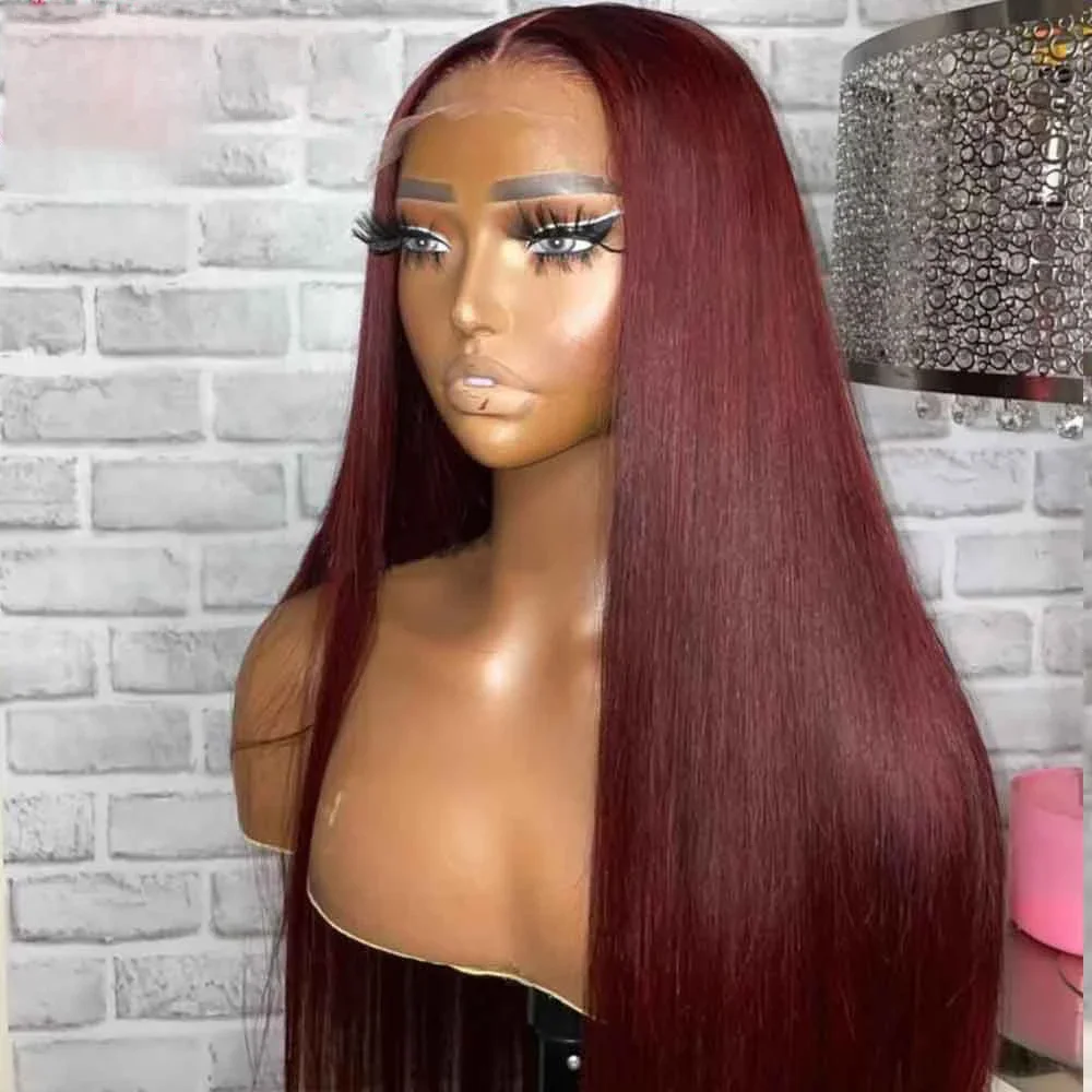 Wig hitam renda merah marun lurus halus panjang prepped dengan kepadatan 26 "180 untuk wanita hitam dengan Babyhair Lace Frontal Wig hitam