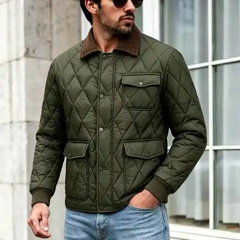 Winter New Fashion Men Green Black Turn-down Collar Long Sleeve Argyle Casual Trendy Simple Daily Parkas Male American Coats