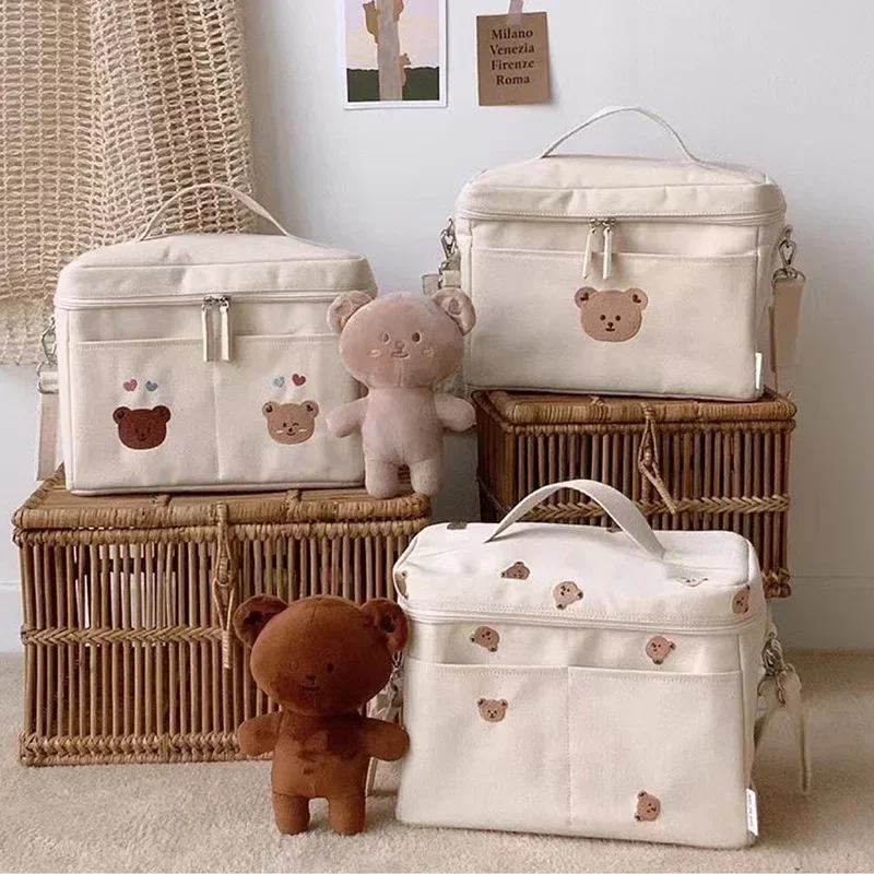 Bear Embroidery Insulated Lunch Bag Kids Portable Food Storage Canvas Waterproof Thermal Lunch Box Mommy Diaper Bag for Stroller