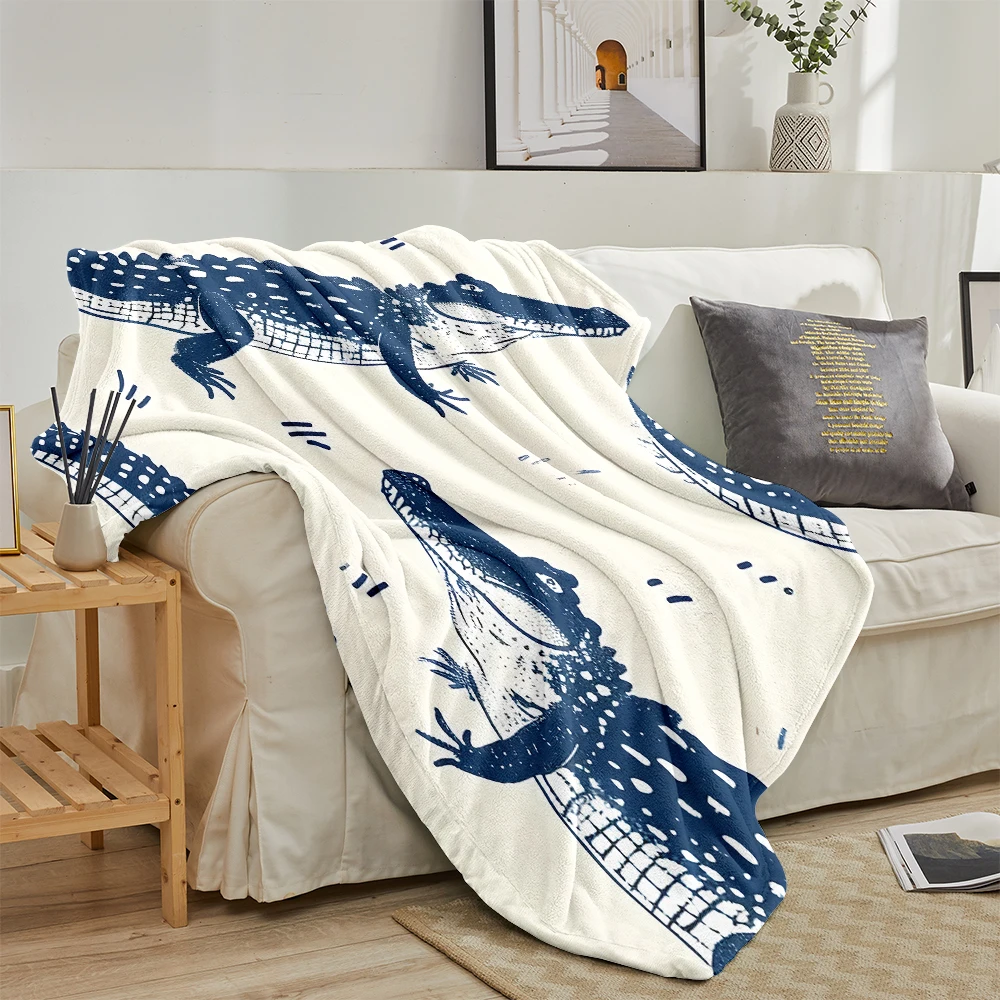 Cream Blue Crocodiles Lightweight Flannel Blanket Breathable Cozy Throw Blanket for Spring Summer Sofa Bed Air Conditioning