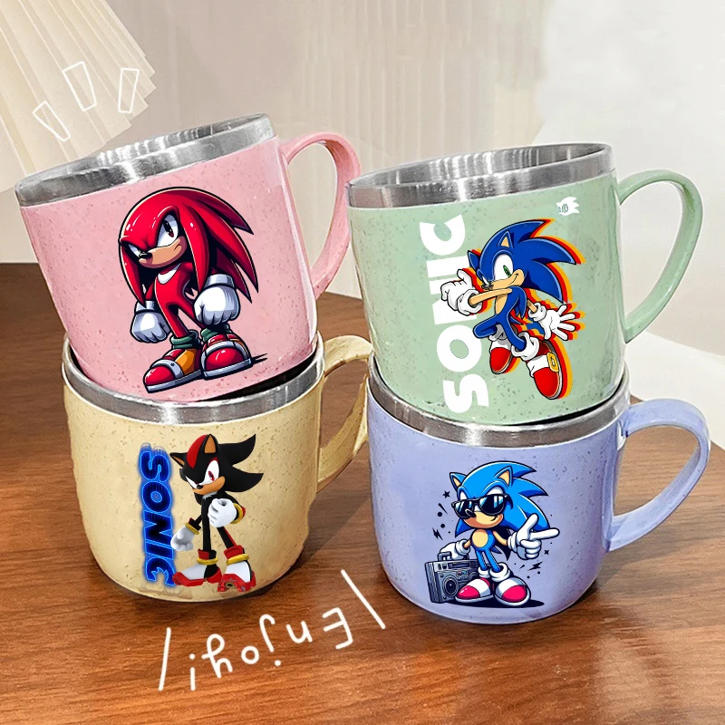

Sonics Stainless Steel Cup Cartoon Anime Double-layer Heat-resistant Water Cups Home Party Camping Anti Fall Milk Juice Mug Gift