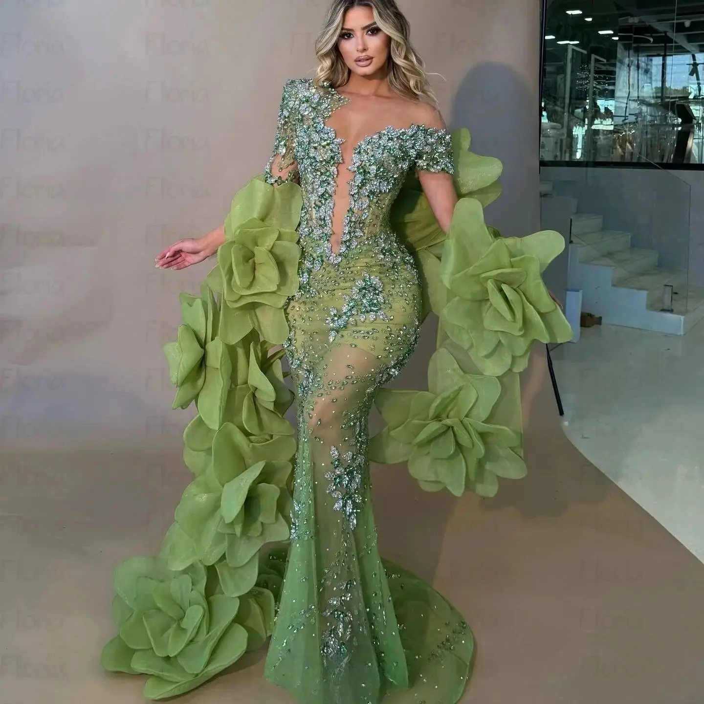 

Зеленые вечерние платья Кружевное платье для выпускного вечера с кристаллами и бисером Плащ с рукавами Длинное вечернее платье Vestidos De Noche по индивидуальному заказу для невесты