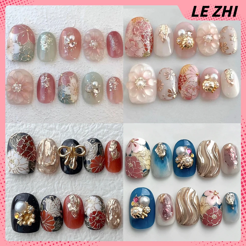 

Retro Handmade Short Almond Wearable Full Cover Fake Nails 3D Gilding Flower Pearl Sequins Design Press On Nails Birthday Gift