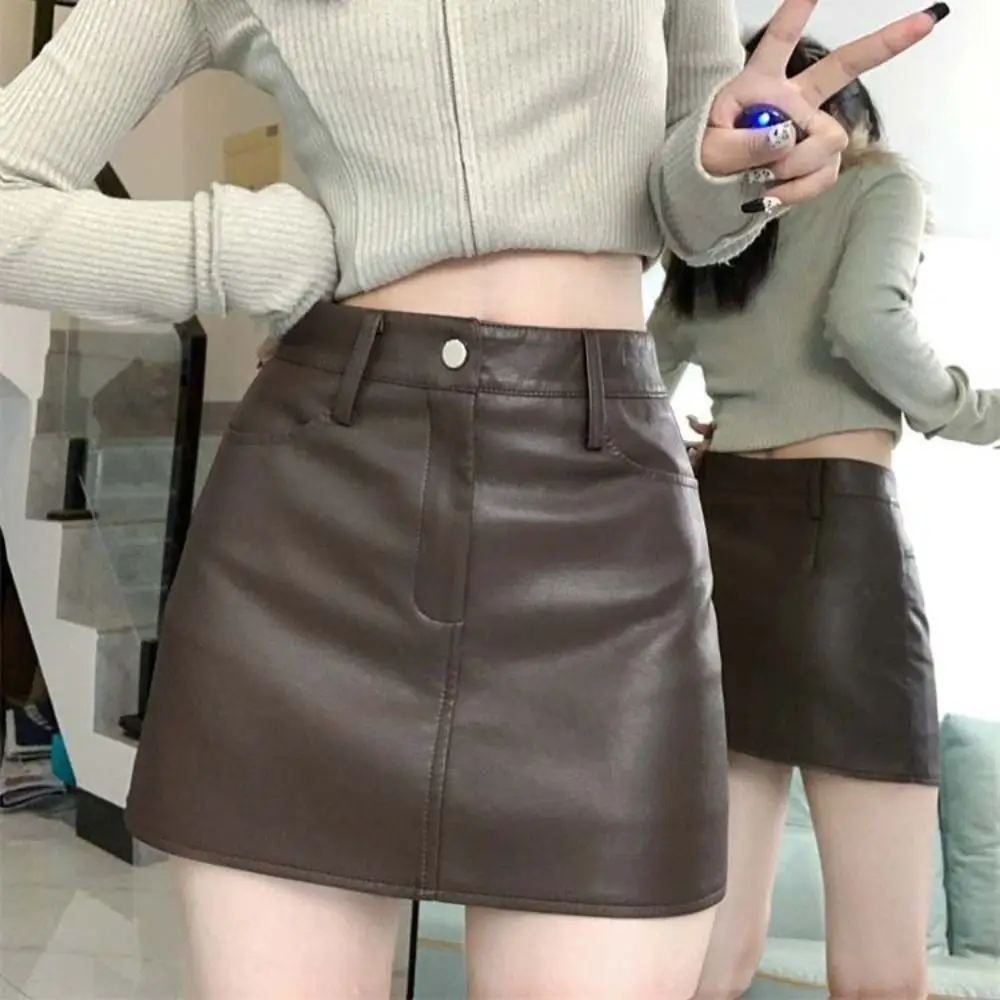 

Harajuku Zipper PU Leather Skirt Slim Fit Solid Color High Waist A-line Skirt Retro Autumn Winter Short Mini Skirts Lady