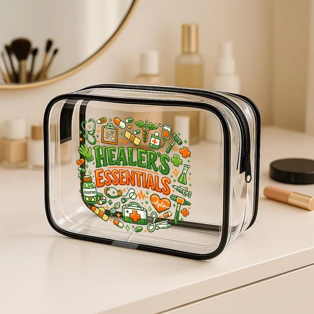 Toiletries Bags Symbols Clear Zipper Pvc Makeup Bags Organizer Cartoonish Green Orange Handdrawn Design Portable Transparent Cos