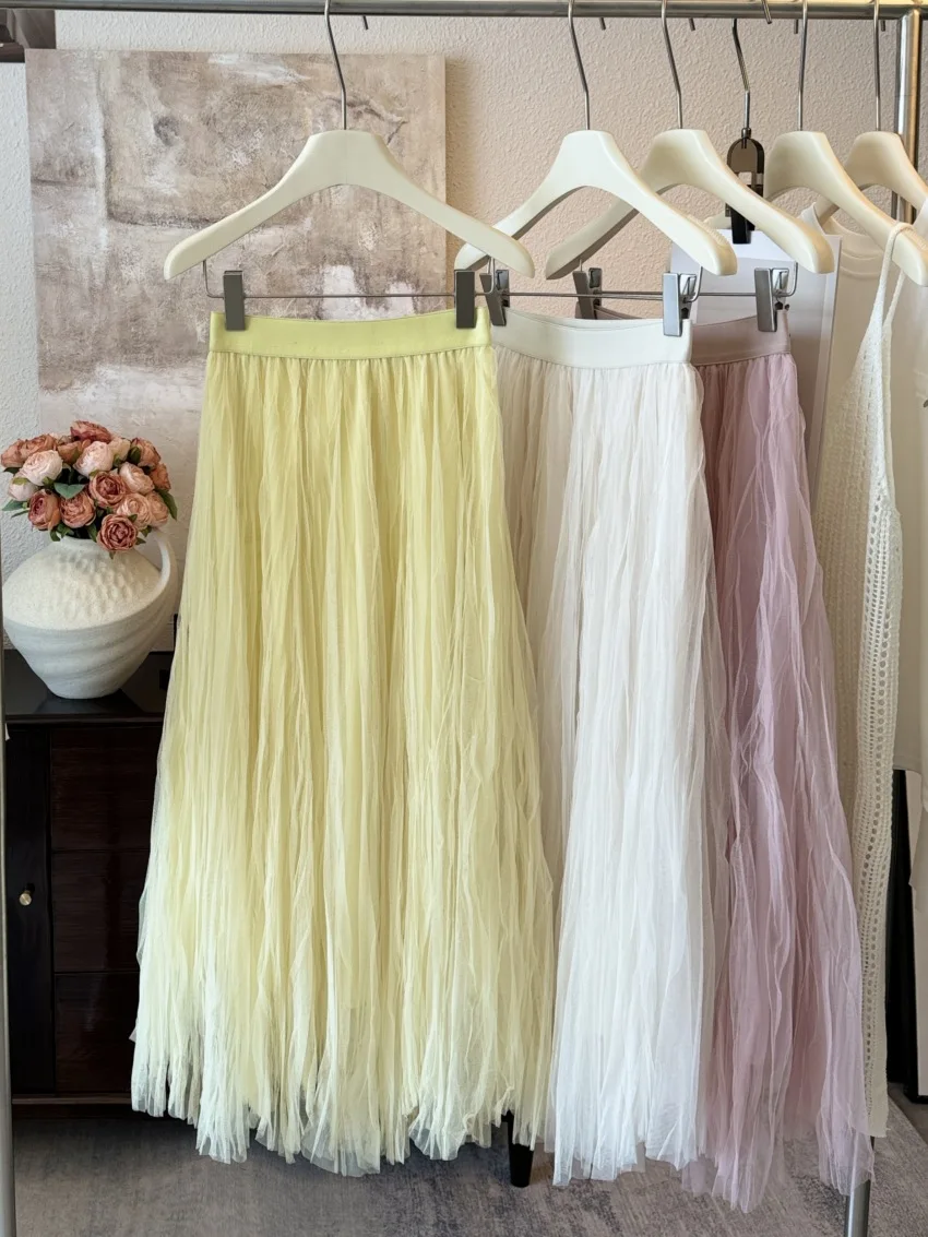 

Yellow Tulle Skirt Women Summer 2025 Long Maxi Skirt Female Mesh Pleated Skirt Ladies Party Skirt Clothes
