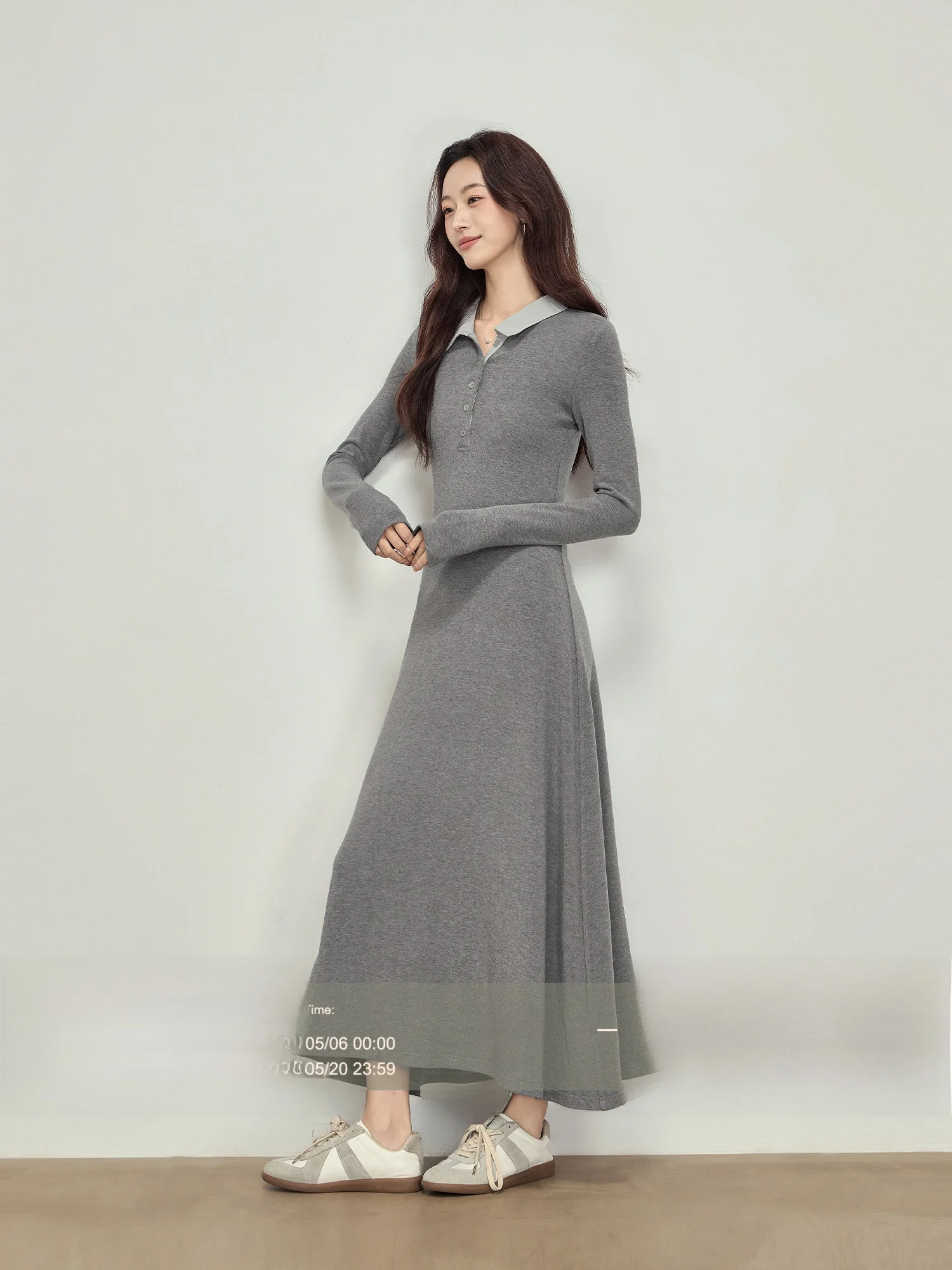 

Rising Shorties Silk Knitted Dress Long Sleeve Turn-down Collar Women's Spring Grey Cotton Blend Comfortable Fit Casual Dress