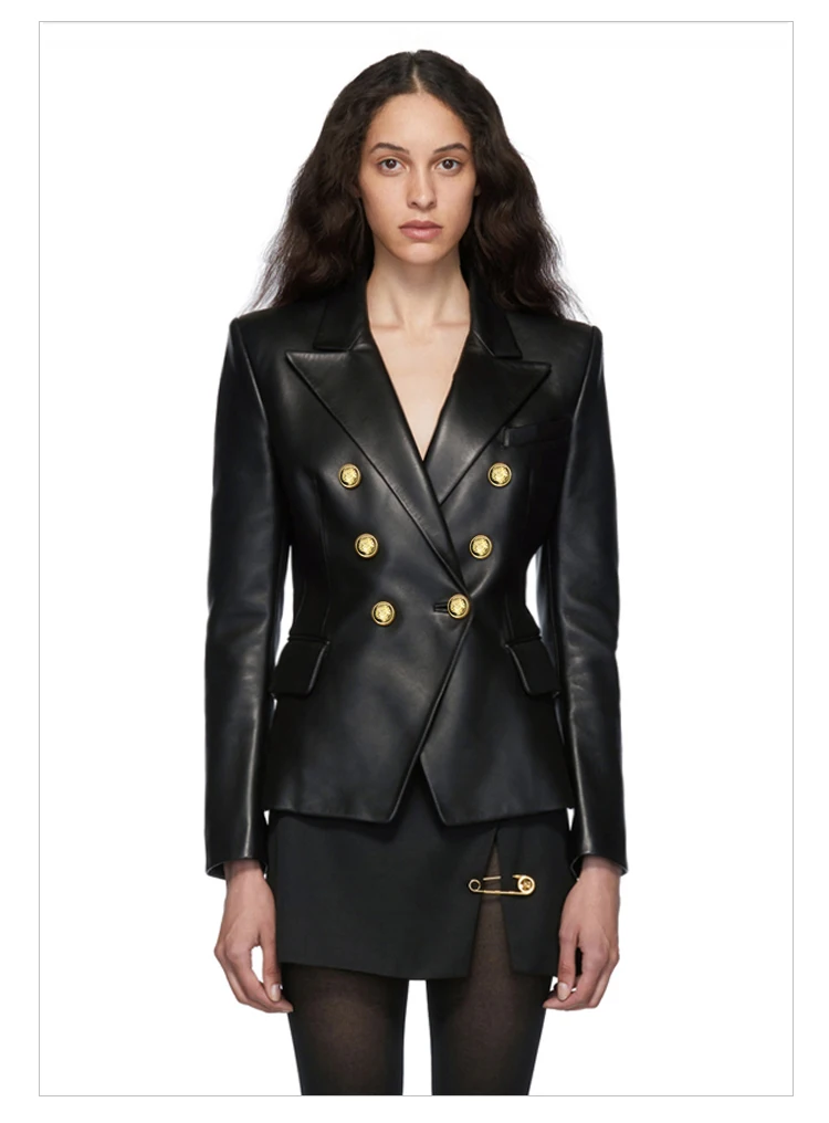 Lautaro Spring Autumn Short Elegant Luxury Pu Leather Blazer Women Long Sleeve Golden Buttons Double Breasted European Fashion