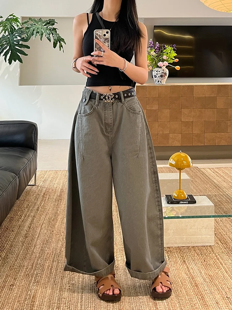 

Женские джинсы с высокой талией, свободного кроя, прямые, для работы, весна 2026, цвета хаки, без стрейча, широкие штанины