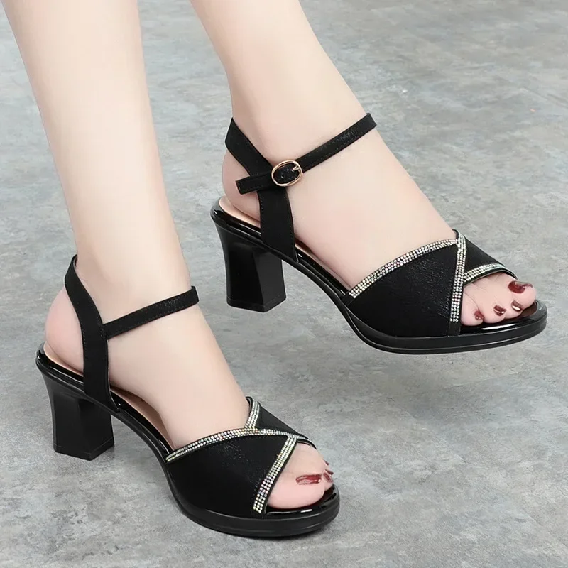 6.5cm Fashion Breathable Soft Leather Sandals Women Block High Heels Shoes 2024 Office Beach Mom's Platform Sandals Black Beige