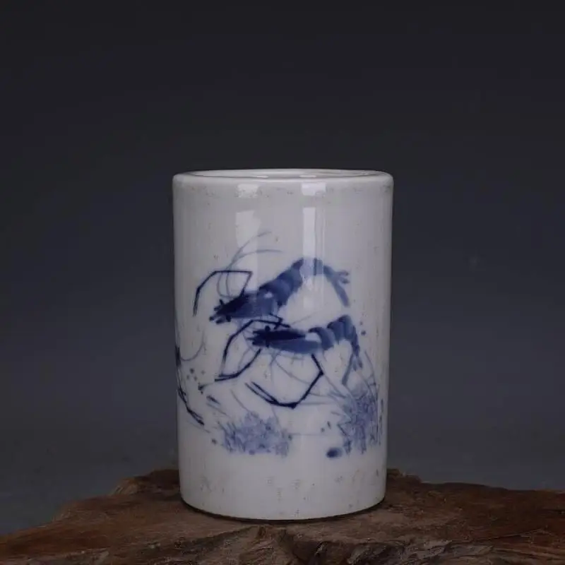 Chinese Blue and White Porcelain Hand Painted Shrimp Design Brush Pot Pot4.8 inch