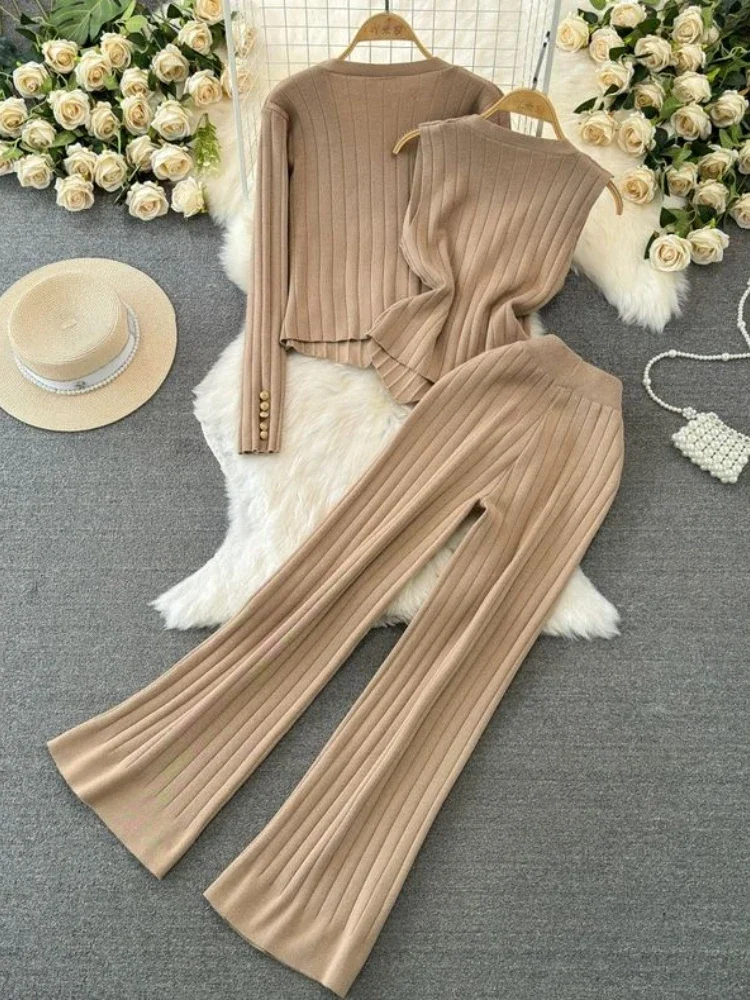 Women Vintage Three Piece Sets Autumn Winter V-neck Single Breasted Knitted Jacket High Waist Straight Leg Wide Leg Pants Suits