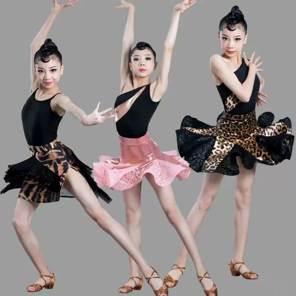 children sexy one shoulder leopard latin dress girl performance chacha dancing dresss