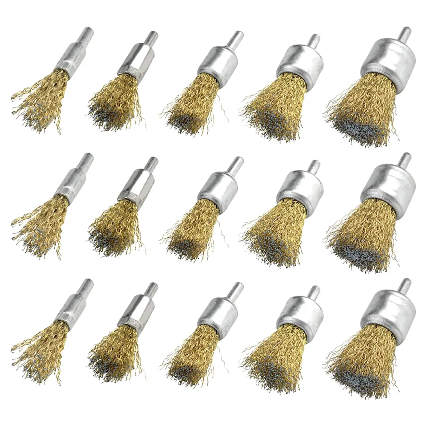 15 Pack Wire Wheel Cup Brush Set with 1/4 Inch Round Shank, 5 Sizes Brass Coated Wire Drill Brush for Paint Removal Project/Corr