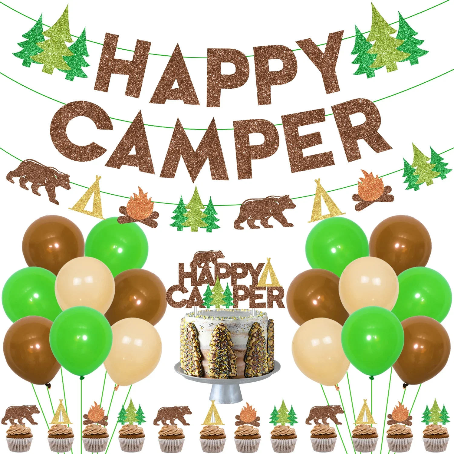 Happy Camper Banner Cake Topper, Camping Party Decorations, Birthday Decorations for Boys, Green, Brown, Apricot, Balloons