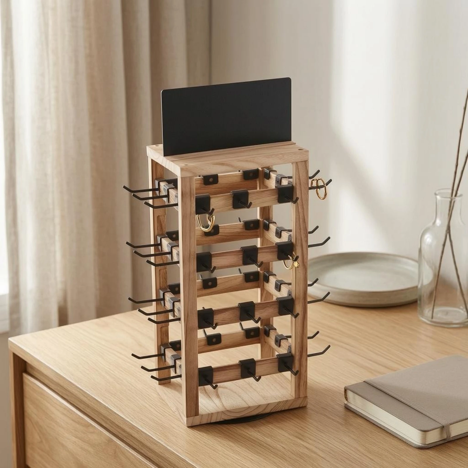 Rotating Jewelry Display Rack Double-Sided Wooden Jewelry Organizer Wooden Pegboard Display Tangle-Tangle-Resistant Adjustable