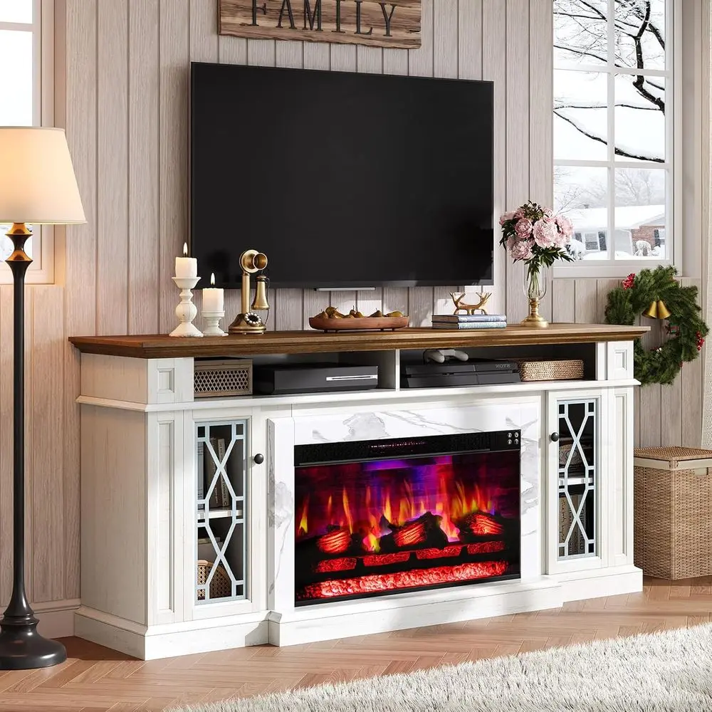 

80 TV Electric Fireplace Media Stand with Diamond Doors, Farmhouse Style Console in White & Barnwood