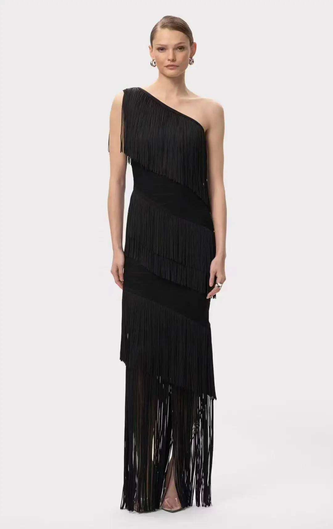 

Women's Bandage One Shoulder Long Fringe Evening Gown Sexy Black Bodycon Maxi Dress with High Slit for Party Prom Gala